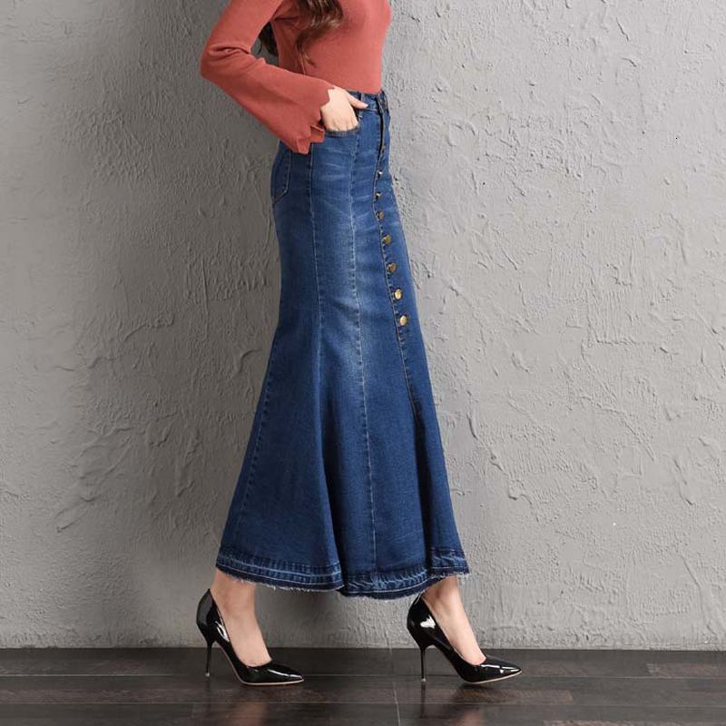 Skirts Fashion Denim Plus Size Spring Autumn Single Breasted Slim Fishtail High Waist Stretch With Ruffles Buttocks 230420