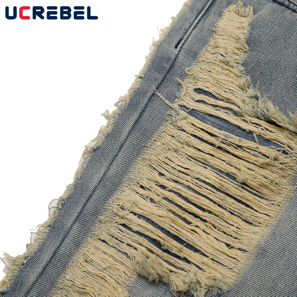 Mens Jeans Ripped Hole Denim Pants Streetwear Raw Edge Baggy High Street Casual Straightleg Men 230420