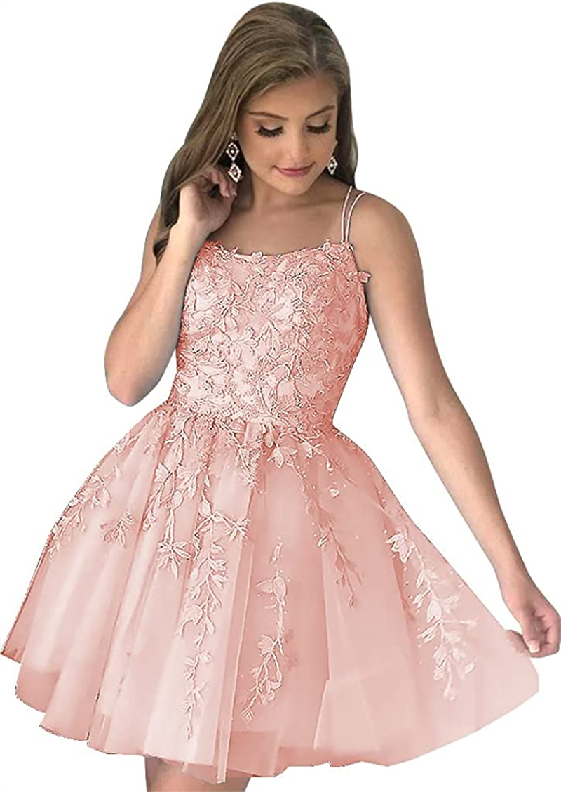 Short Homecoming Dresses Sexy Backless Appliques Spaghetti Party Gowns A-Line Lace-up Tulle Princess Birthday Mini Prom Graudation Cocktail Party Gown