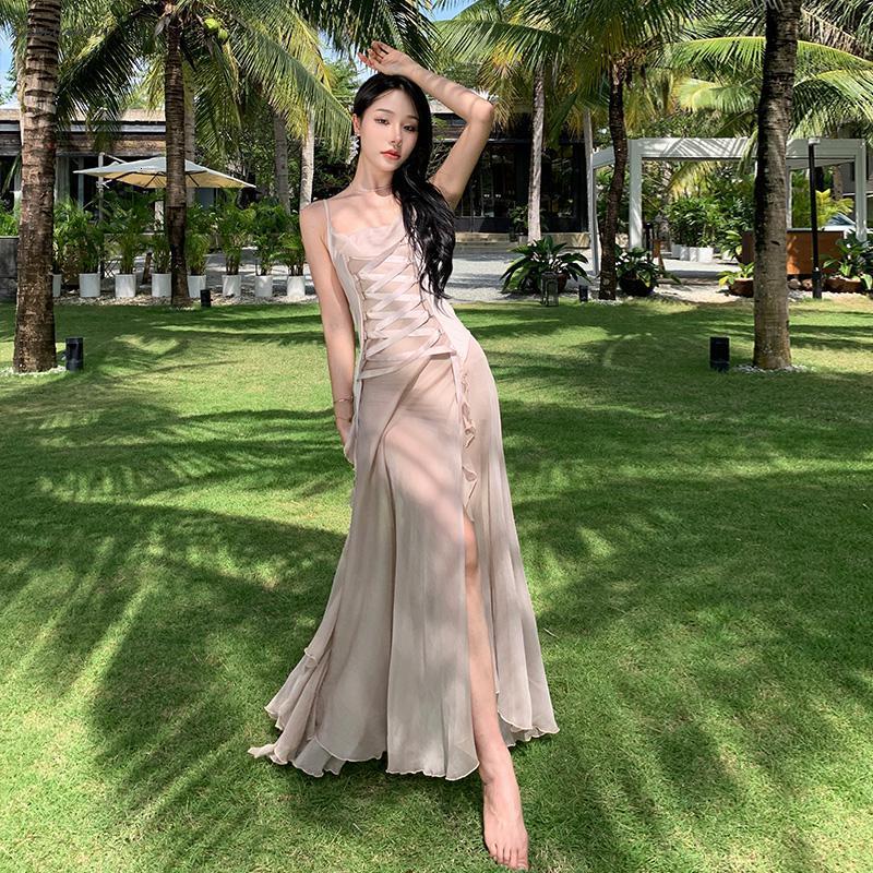 Casual Dresses Women Summer Bandage Backless Chiffon Beach Dress Fashion Sleeveless Spaghetti Strap Long Dress Korean Elegant Party Dresses 230420