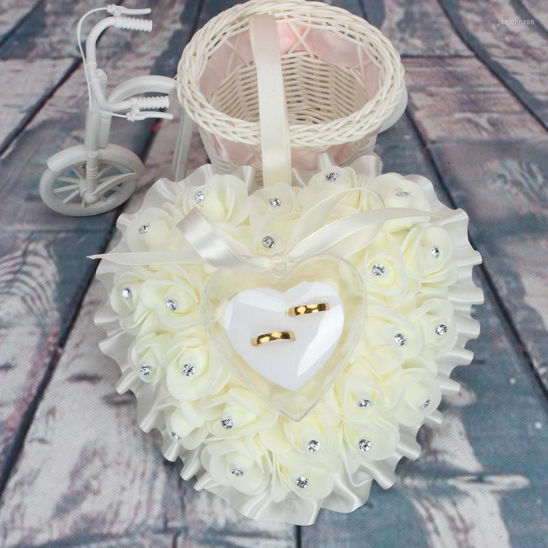 

Jewelry Pouches Wedding Ring Bearer Rose Flowers Pillow Heart Shape Holder Cushion Rings For Valentine's Day Romantic Gift