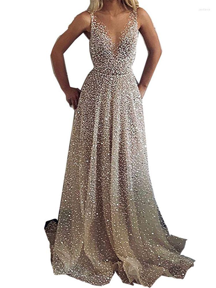 Casual Dresses Luxury Gold Sequins Beads Prom Sleeveless V-Neck A-line Wedding Woman Party Evening Gown Cocktail Dress Vestidos Fashion