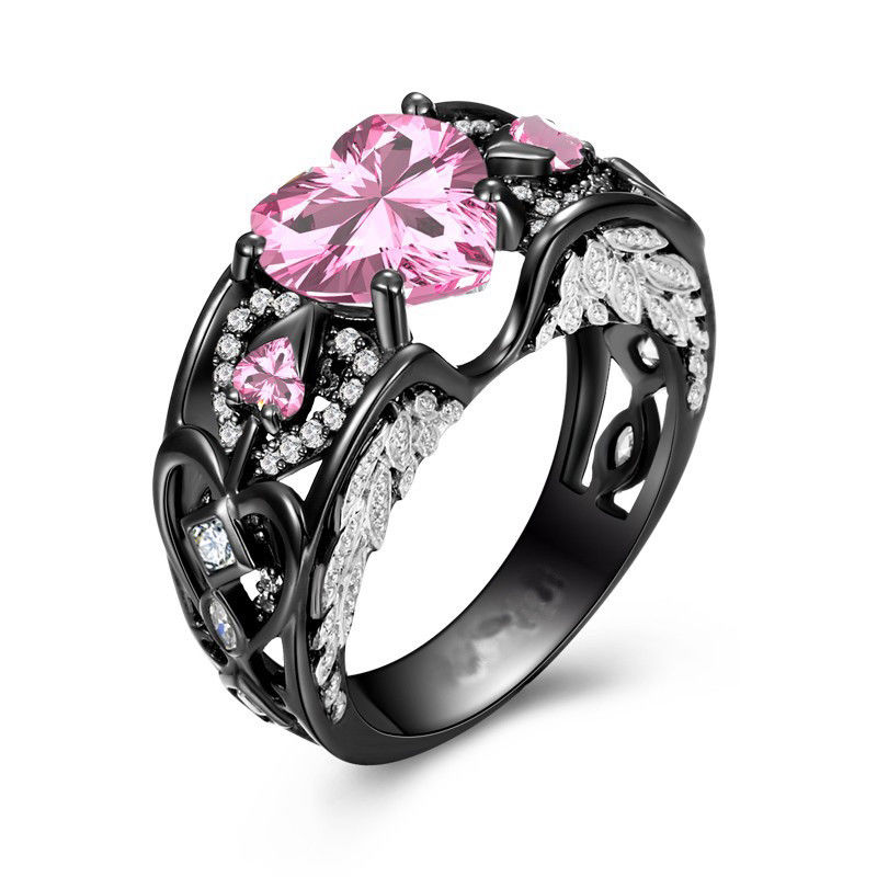 S925 Heart Angel Wings Ring Black Gold Filled Birthstone Gemstones Party Wedding Band Rings for women men Promise Jewelry Gift