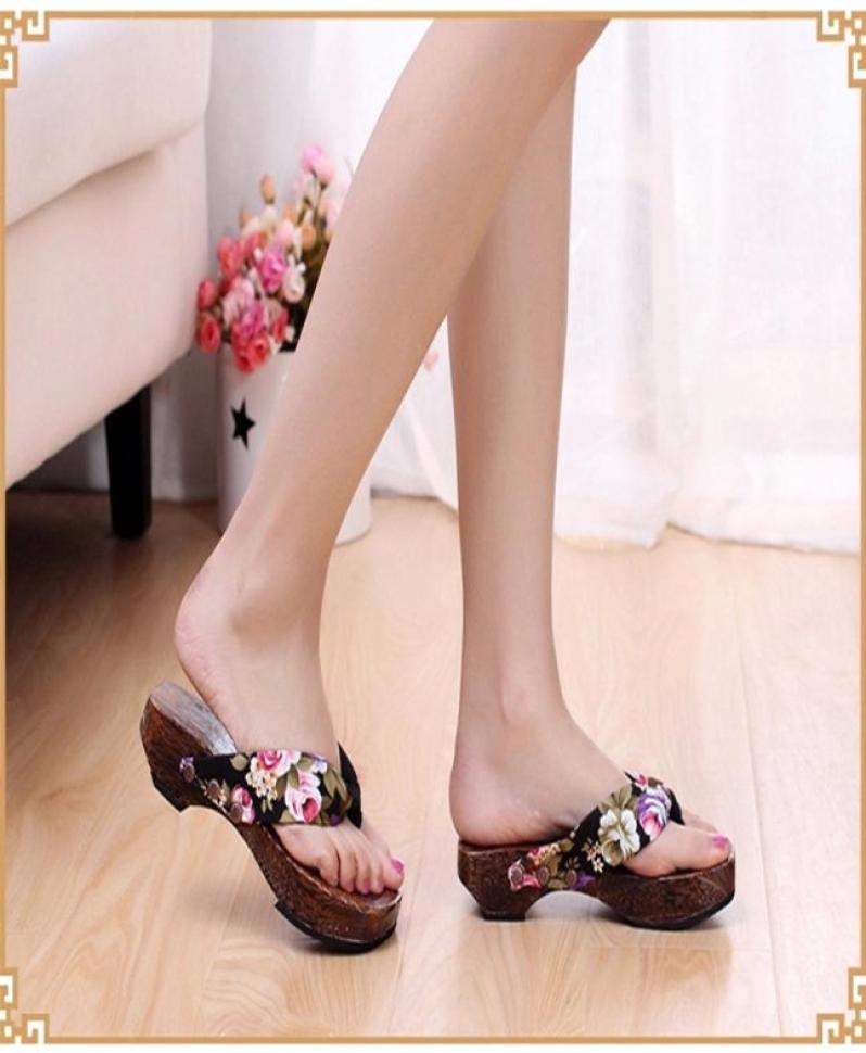 

Burning Paulownia Japanesestyle Women Hibiscus Slippers Summer Women039s Wooden Slippers Pinch Wood Flat with hibisc3966527