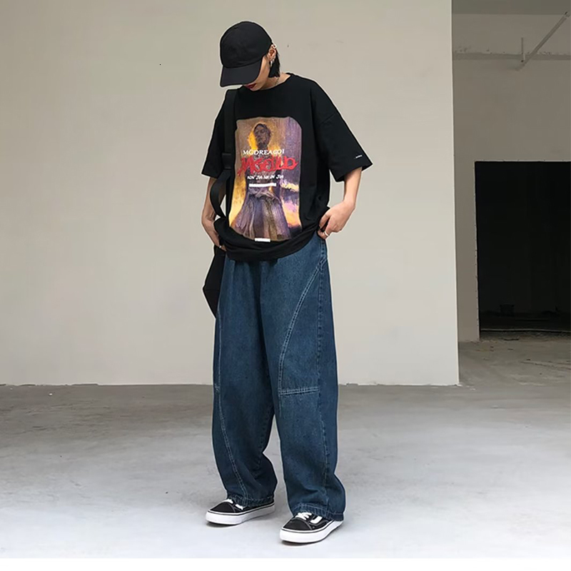 Mens Jeans Japanese Oversized Fashion Baggy Solid Color Casual Stitching Trousers Street Straight Harajuku Denim Pants 230420
