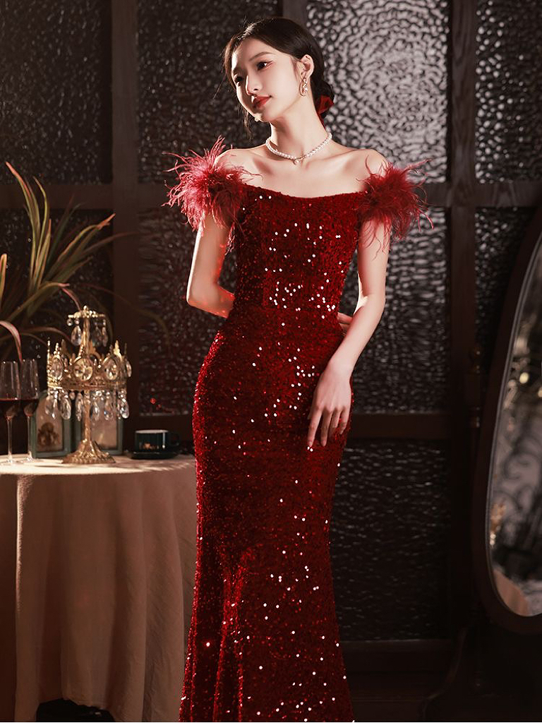 Off-the-Shoulder Burgundy Cocktail Dress Feather Shiny Sexy Party Women Glitter Strapless Long Floor Length Mermaid Prom Gowns, Dark red
Off-the-Shoulder Burgundy Cocktail Dress Feather Shiny Sexy Party Women Glitter Strapless Long Floor Length Mermaid Prom Gowns, Dark red