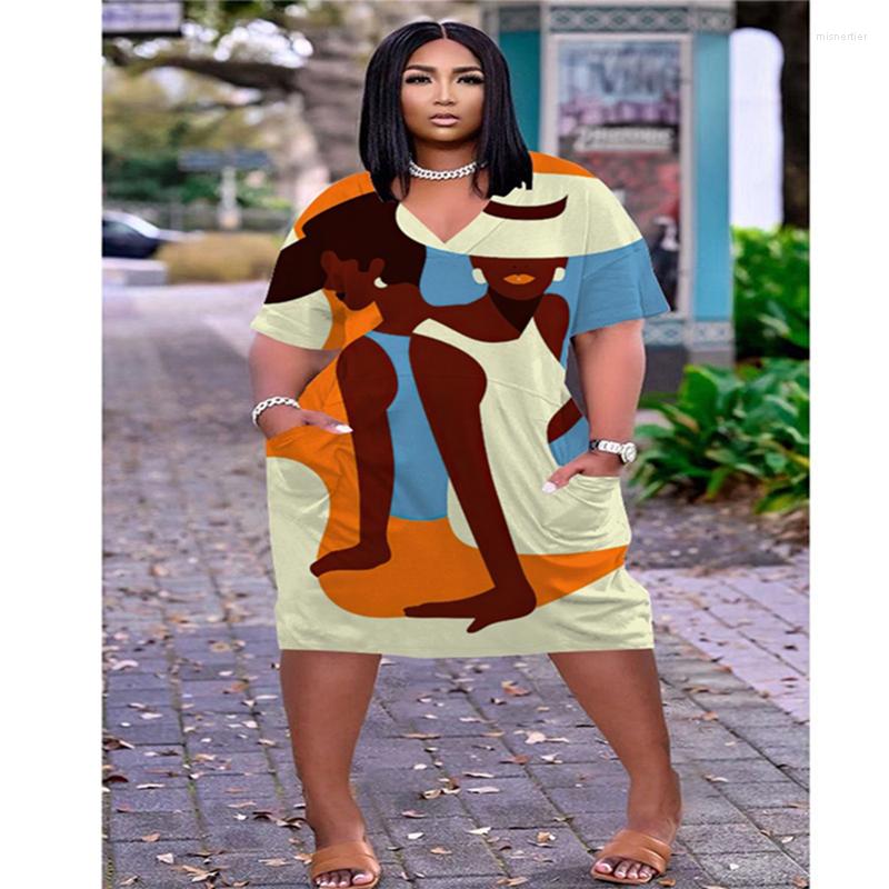 New Casual Dresses Vintage Art Splash Face Midi Dress Women Fashion Even Party Lady Short Sleeve Elegant Sexy Girl Faldas Beach