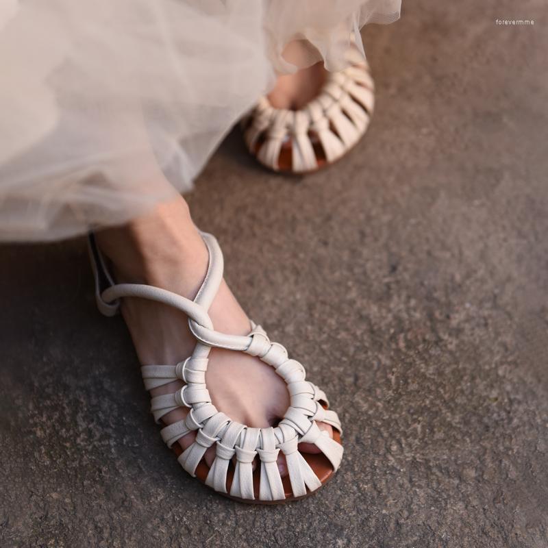 Sandals Women Leather Flats Heels Soft White Summer Shoes For Bohemian Style Handmade Genuine Beach, Red