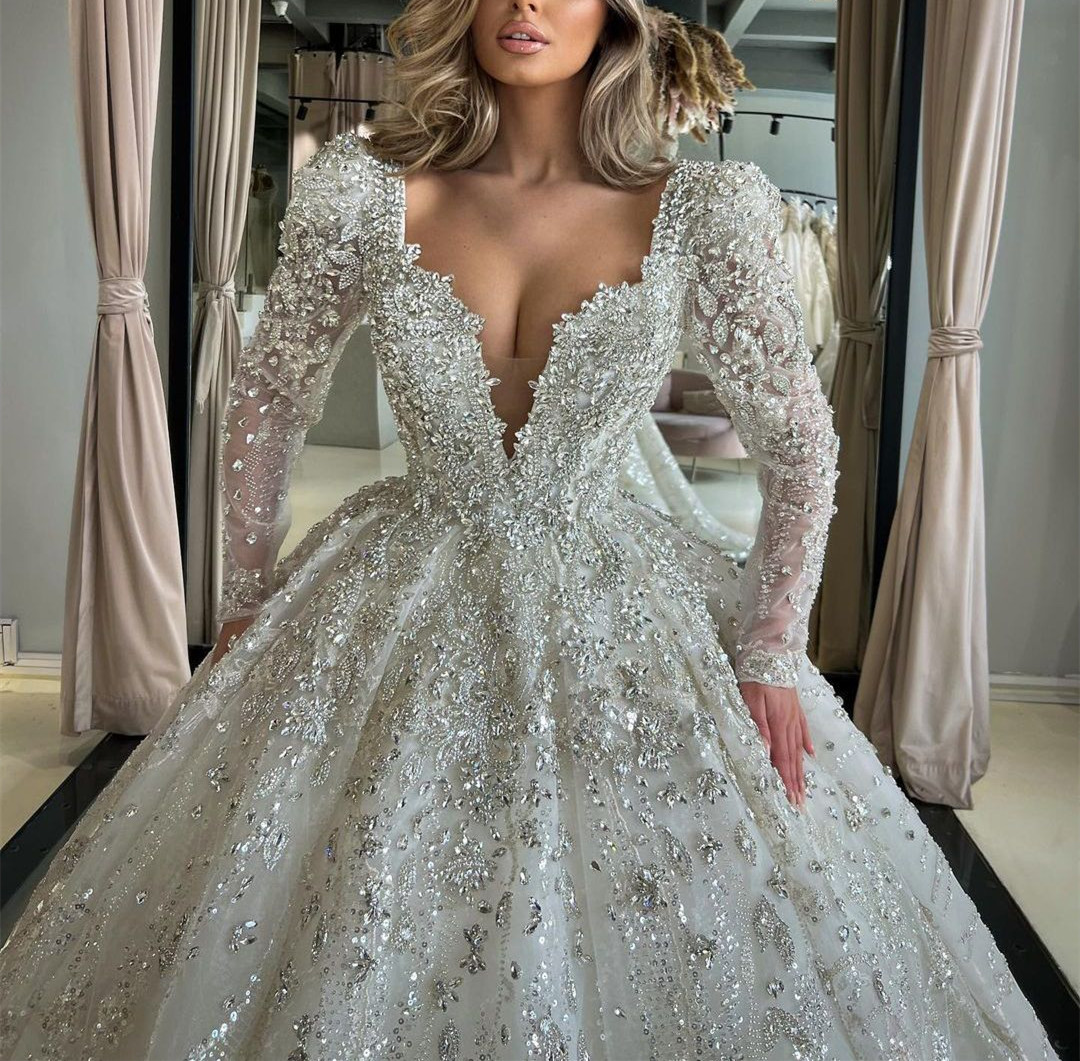 Luxury Ball Gown Wedding Dresses Long Sleeves V Neck Sequins Applique Lace Ruffles Bridal Gowns Diamonds Pearls Formal Dress Plus Size Custom Made Ves