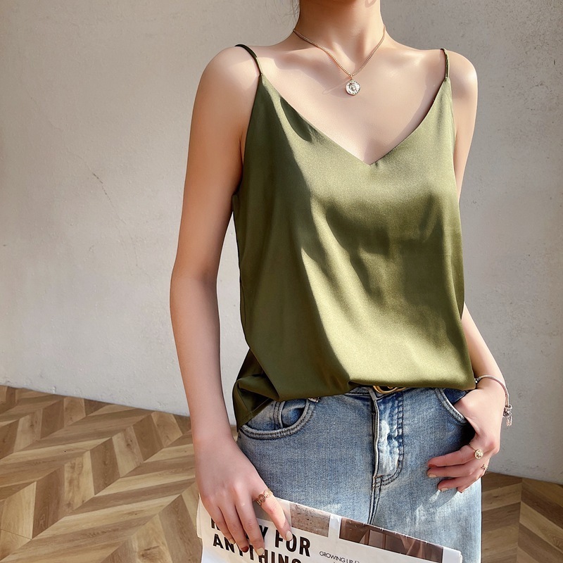 Camisoles Tanks 100 silk real silk summer women's clothing slim v-neck short temperament inner top one-shoulder camisole 230420