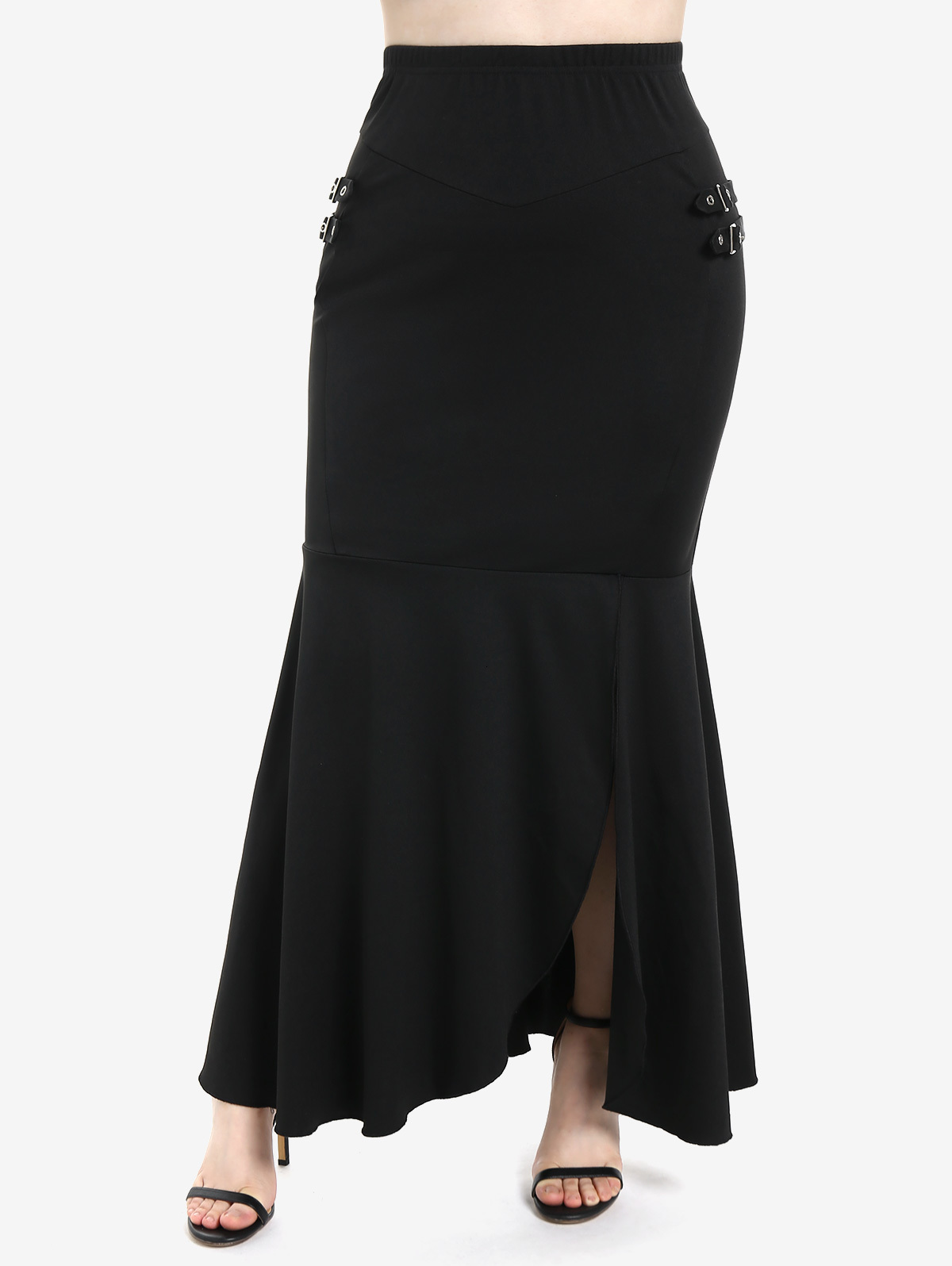 Skirts ROL Buckles Slit Bodycon Maxi Black High Waisted Flounce Pull On For Women Streetwear Sexy Split Long 5XL 230420