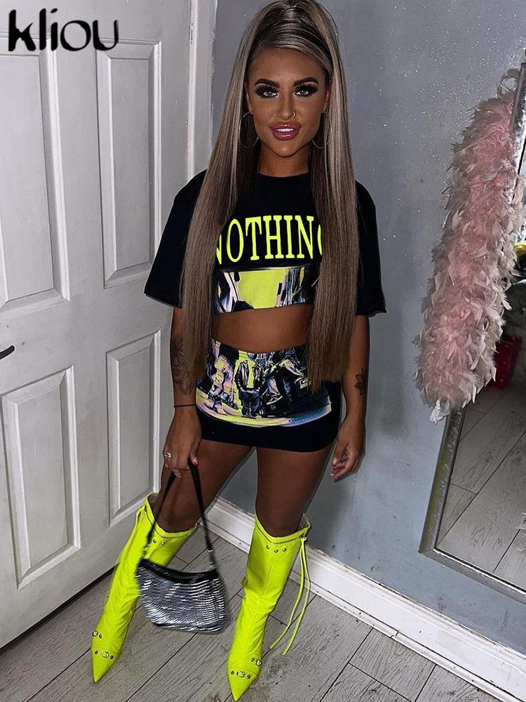 Casual Dresses Kliou Street Style Print Two Pieces Set Women Crew Neck Bare Midriff Crop Tops Mini Hip Skirt Ladies Trendy Streetwear 230419