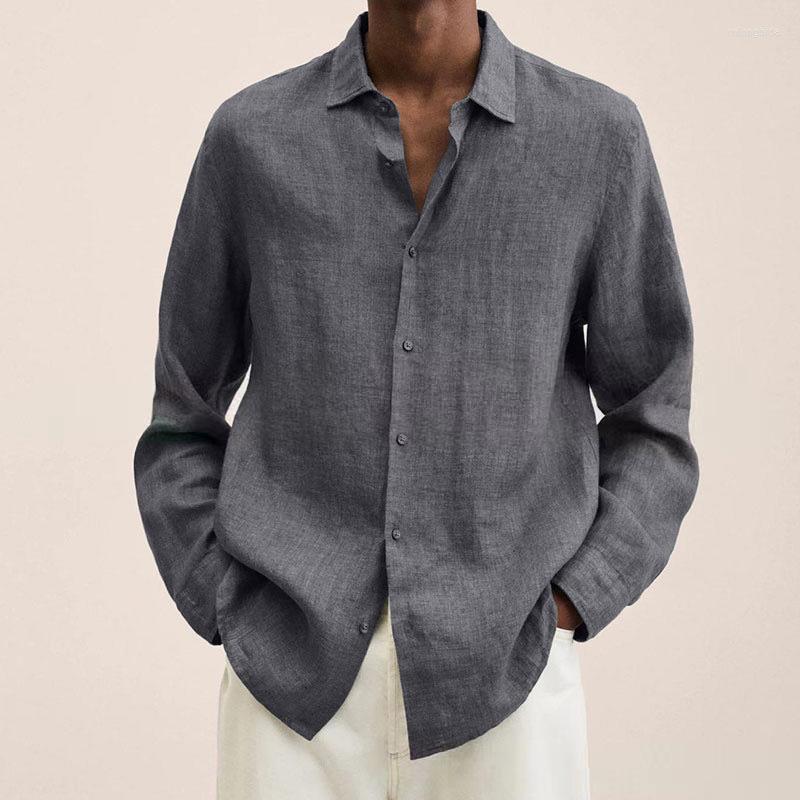 CNLONGBIDA Mens Casual Shirts Spring Cotton Linen Mens Summer Solid Turn-down Collar Long Sleeve Blouse Loose For Men Tops