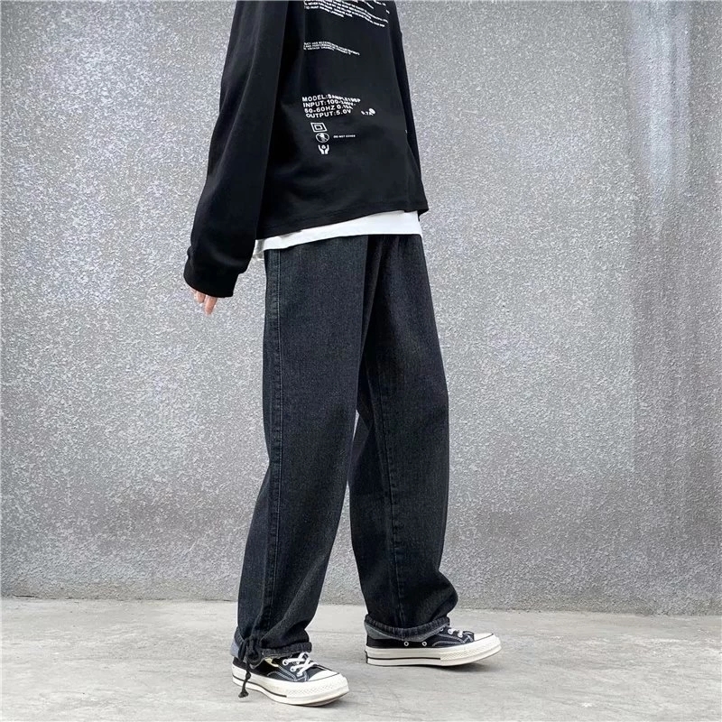 Mens Jeans Men Solid Drawstring Denim Full Length Straight Loose Males Allmatch Trendy Punk Baggy Retro Leisure Chic Cowboy Trousers 230420