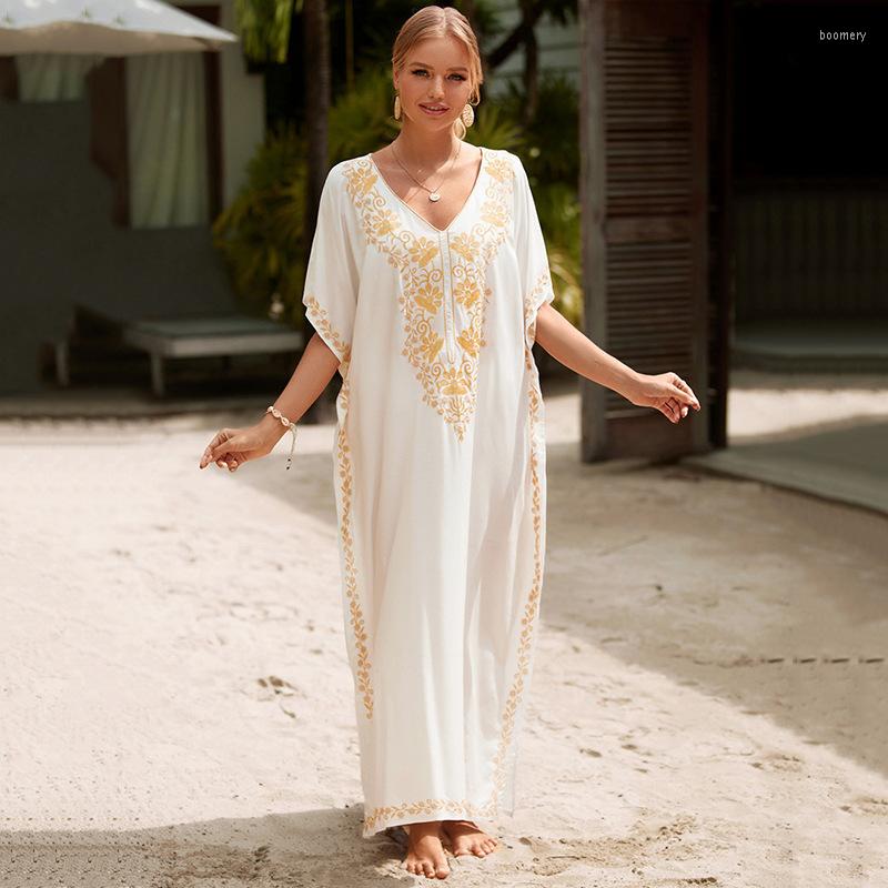Women's Swimwear Vintage Golden Embroidery Dress Beachwear Kaftan Robe Boho White Bikini Cover Ups Bohemian Mujer Vestidos
Women's Swimwear Vintage Golden Embroidery Dress Beachwear Kaftan Robe Boho White Bikini Cover Ups Bohemian Mujer Vestidos