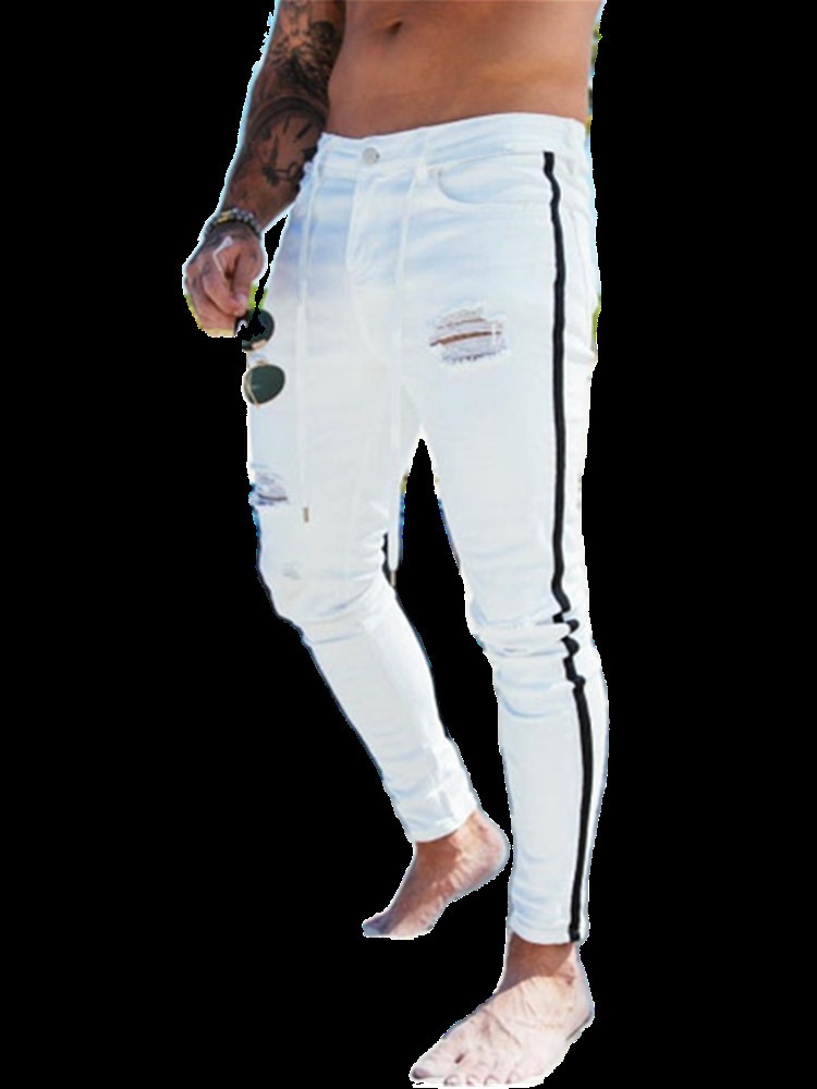 Mens Jeans Men Skinny Biker Destroyed Frayed Fit Denim Ripped Side Stripe Pencil Pants Hip Hop Streetwear S3XL 230420