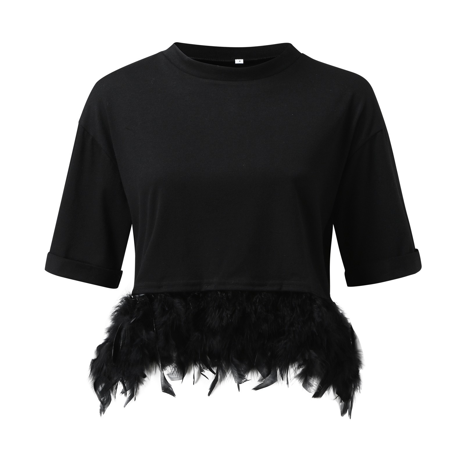 Women's T-Shirt Short Sleeve Feathers Crop Top Women Black Summer White Furry O-neck T Shirts Female Elegant Y2k Sexy Club Party Tops 230419