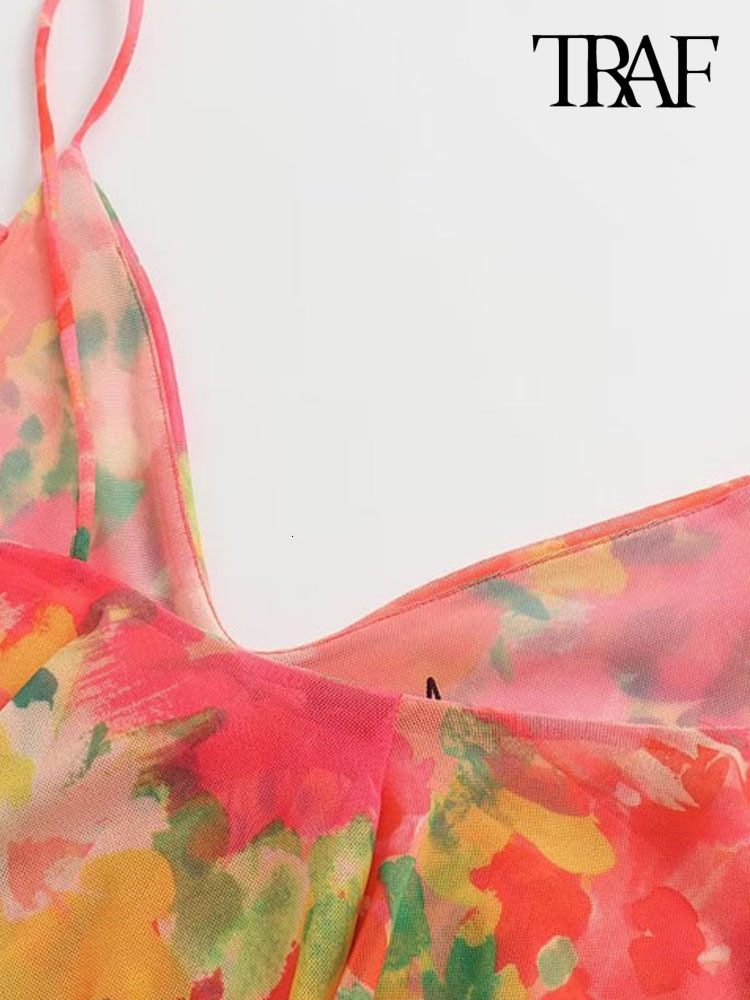 Casual Dresses TRAF Women Fashion With Ruffled Printed Tulle Mini Dress Vintage Backless Thin Straps Female Vestidos Mujer 230420