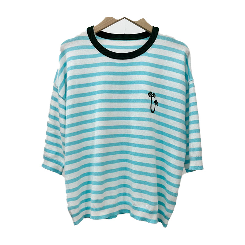 Women' Knits & Tees Lace sleeve embroidery Sweater Round neck sleevedouble-breasted horizontal strip matching Ragged air coconut tree Horizontal stripe, Green
Women' Knits & Tees Lace sleeve embroidery Sweater Round neck sleevedouble-breasted horizontal strip matching Ragged air coconut tree Horizontal stripe, Green