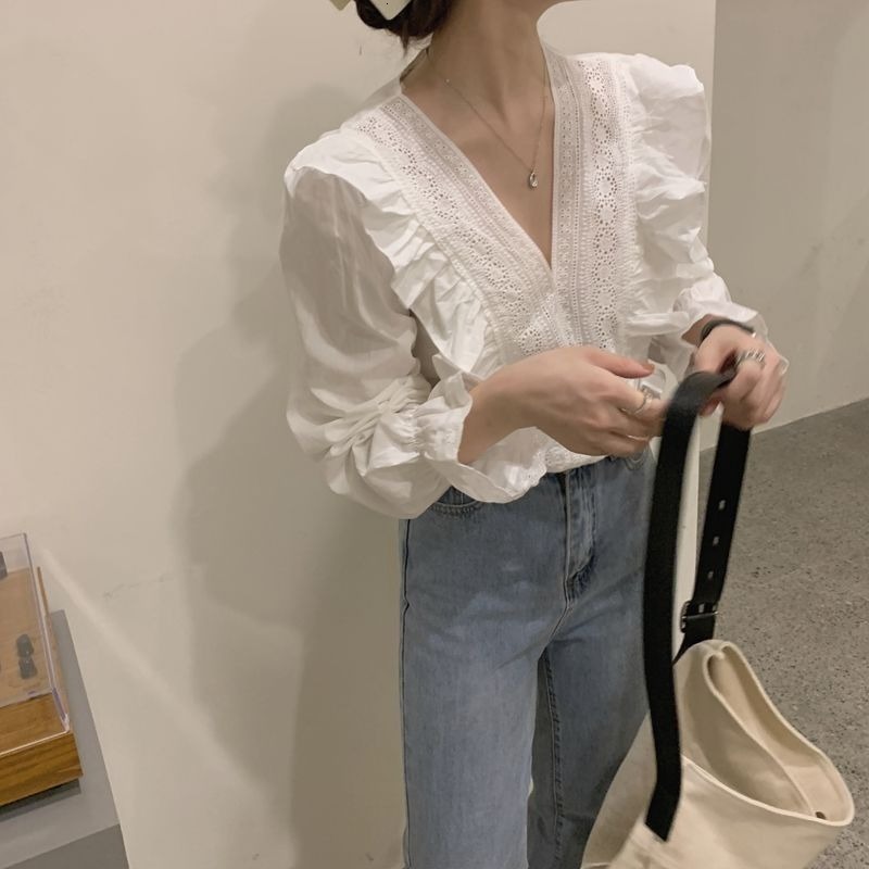 Men's Swimwear Women Blouses Shirts Spring Female Tops Vneck Ruffles Solid Elegant French Fashion Cozy High Quality Chic Ins Daily Date Office 23
