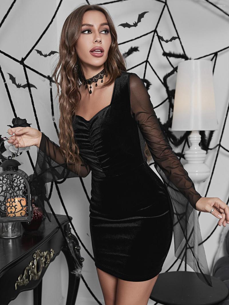 New Casual Dresses Corduroy And Lace Sleeve Dress Gothic Front Center Pleated Off-the-shoulder With Double Thin Straps