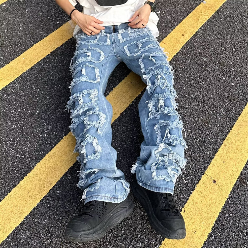 Mens Jeans Straight Trousers Fashion Vintage Frayed Patchwork Color Block Denim Pants Casual Ripped Bottoms 230420