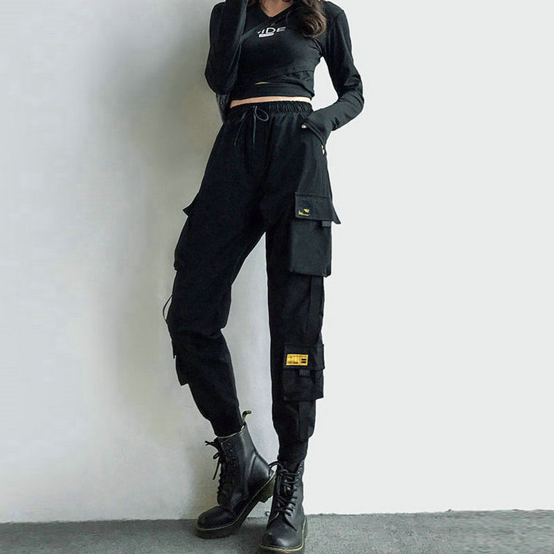 Women's Pants Cargo Black Ribbon Pocket Jogger Girls HipHop Streetwear Unisex Harajuku Punk Females Trousers Harem 230419
