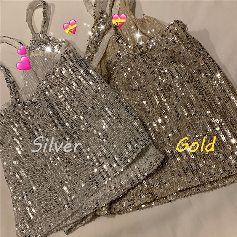 Camisoles Tanks Gold Silver Sequins Crop Tops Women Summer Sexy Backless Deep V Neck Vest Woman Y2K Chic Slim Strap Sleeveless T Shirt 230420