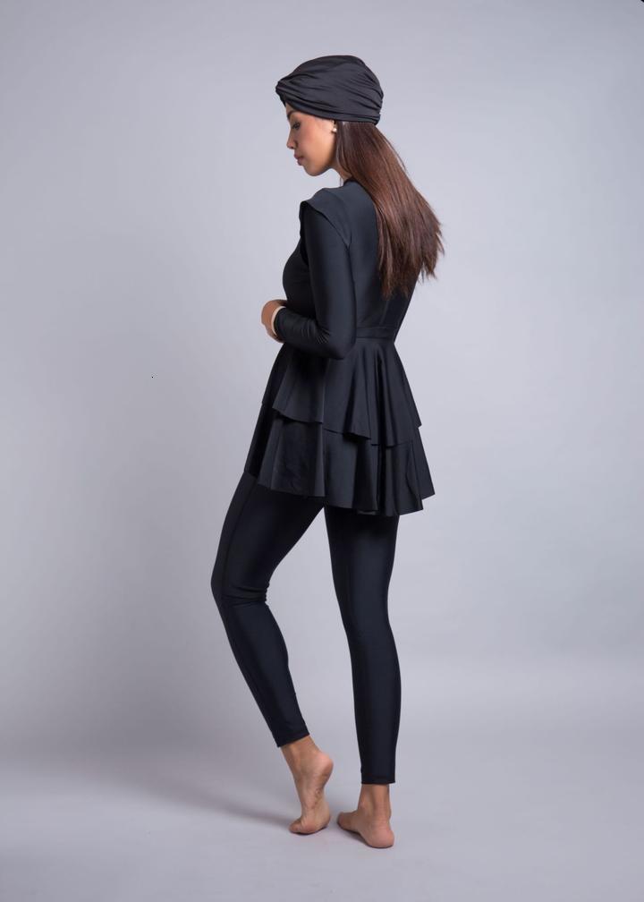 Swim Wear 3 Pieces Plus Size Muslim Swimwear Whole Black Ruffle Burkini With Bra Padding Swimsuit Maillot De Bain Femme 230420