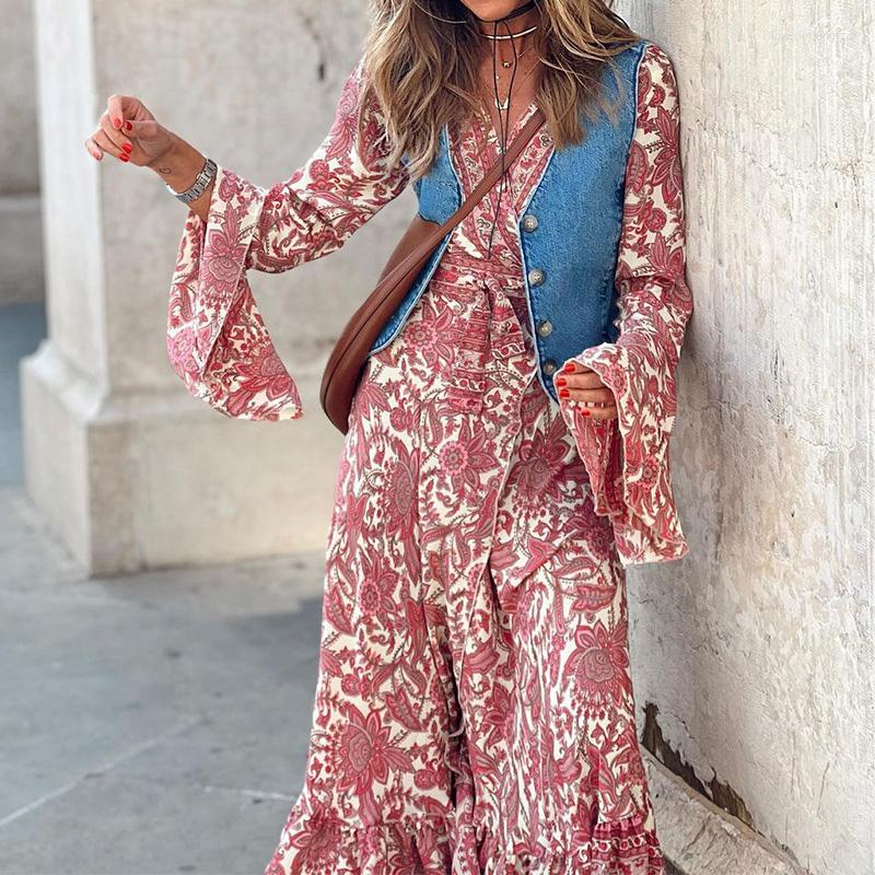 Casual Dresses Women Vacation Long Fashion V-neck High Waist Floral Print Dress Spring Elegant Flare Sleeve Hem Bohemian Vestidos, 01 red
Casual Dresses Women Vacation Long Fashion V-neck High Waist Floral Print Dress Spring Elegant Flare Sleeve Hem Bohemian Vestidos, 01 red