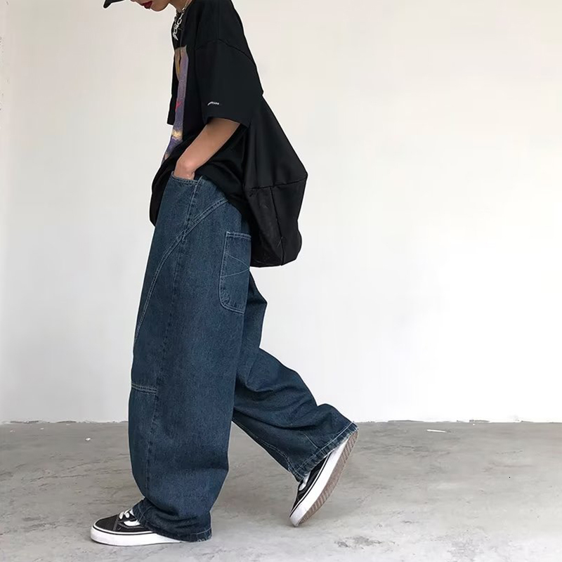 Mens Jeans Japanese Oversized Fashion Baggy Solid Color Casual Stitching Trousers Street Straight Harajuku Denim Pants 230420