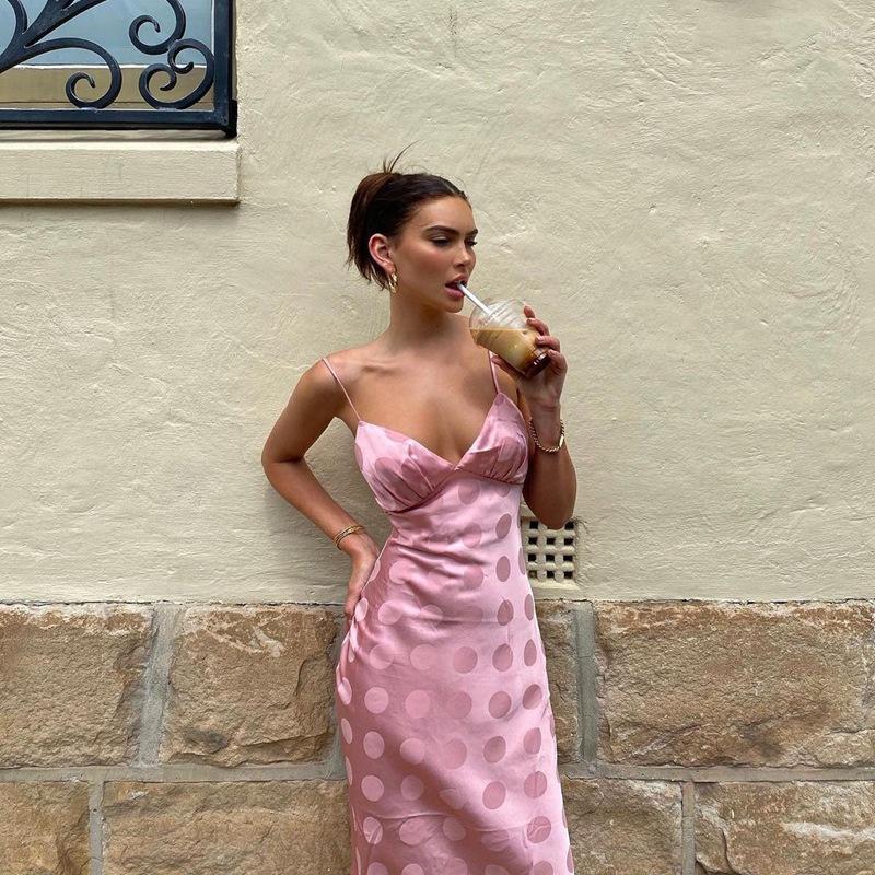 New Casual Dresses Vintage Spaghetti Strap Polka Dot Midi Dress Stylish Women Backless Pencil Party Elegant Lady Sling Slim Fit Sundress