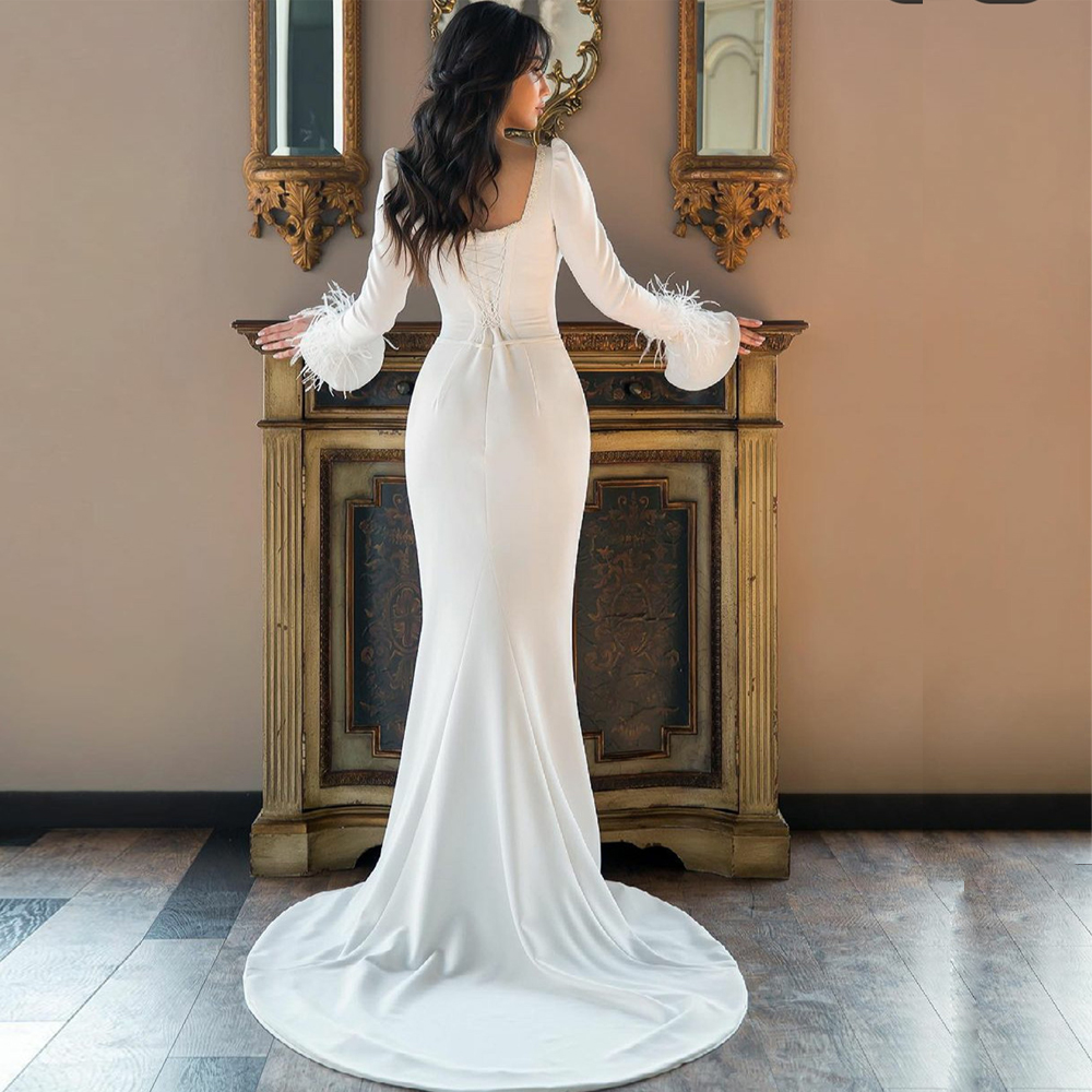 Elegant Flare Sleeve Mermaid Wedding Dresses Beaded Square Neck Bridal Gowns Feather Cuff Satin Church Sweep Train Vestido De Novia