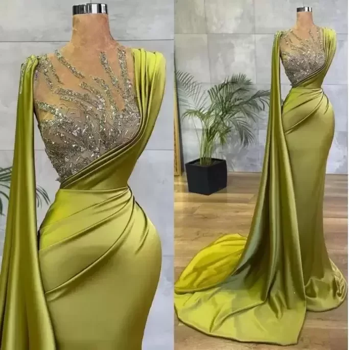 Arabic Lemon Green Mermaid Prom Dresses Mesh Top Sequin Beads Ruched Evening Ocn Wear Gowns Sheer Neck Sweep Train Robe De Custom Made Dress