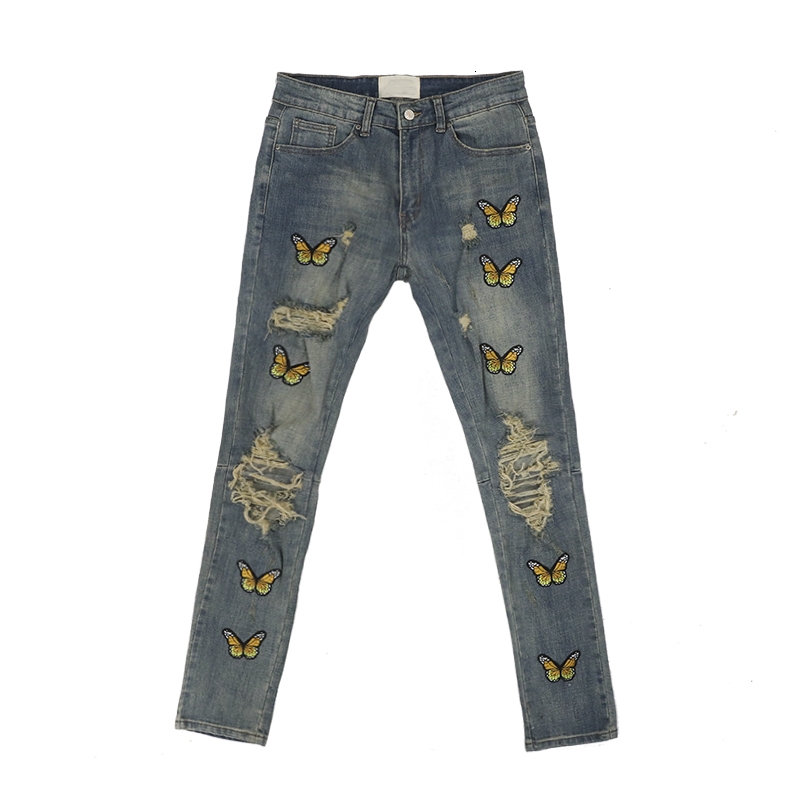 Mens Jeans High street Butterfly Embroidery Knee Ripped Hole casual Hip Hop Distressed Slim Fit Skinny Denim Pants Joggers 230420