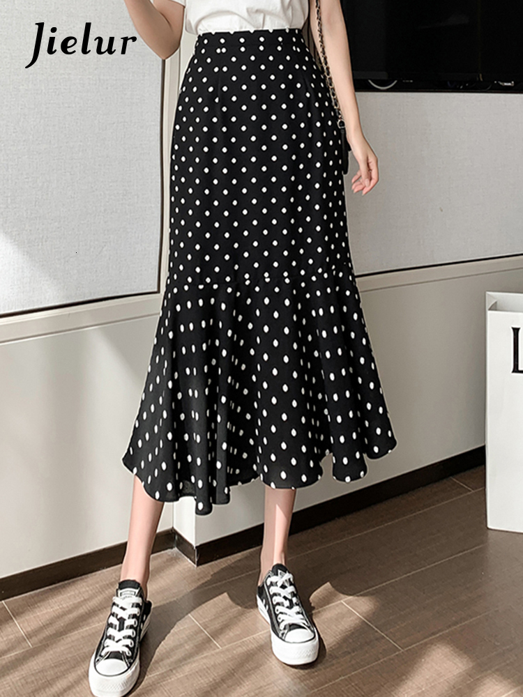 Skirts Jielur Summer Dot Trumpet Women's Elastic Waist Slim Chiffon Elegant Female Midi Skirt Slight Stretch Casual Streetwear 230420