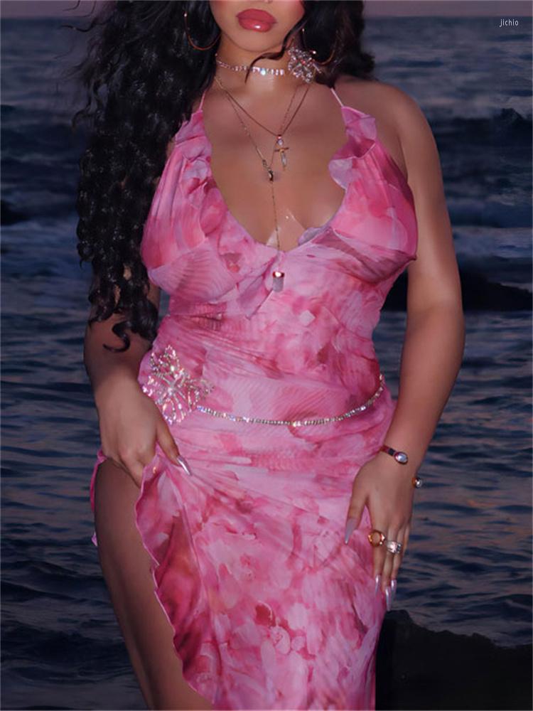 Casual Dresses Tossy Printed Ruffled Lace-Up Midi Dress Female Mesh Patchwork Backless Elegant Party Slim Fashion V-Neck Sexy Tulle Skirt