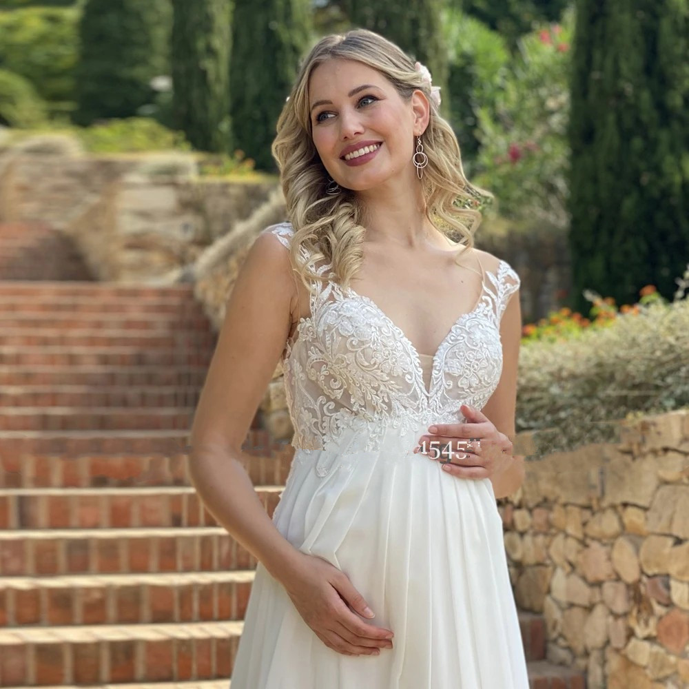 Chiffon Lace Pregnant a-line Wedding Dresses Backless Garden Country beach bohemian maternity Bride Bridal Gowns
