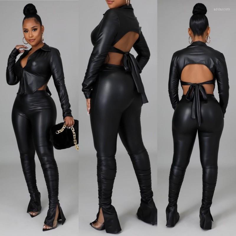 Women' Two Piece Pants Women Fashion PU Leather 2 Pcs Outfits Long Sleeve Corpped Shirt Backless Lace-up Sexy Two-piece Suit Black Faux
Women' Two Piece Pants Women Fashion PU Leather 2 Pcs Outfits Long Sleeve Corpped Shirt Backless Lace-up Sexy Two-piece Suit Black Faux