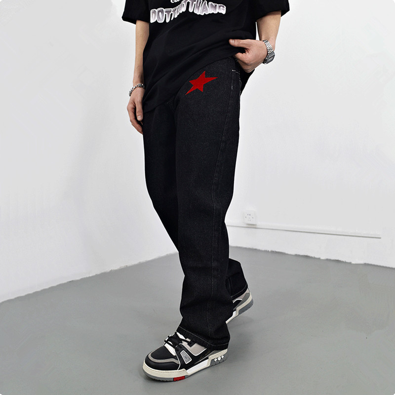 Mens Jeans Chic Star Letter Embroidery Black Baggy Men Straight Pants Y2K Streetwear Male Hip Hop Denim Trousers Vetement Homme 230420