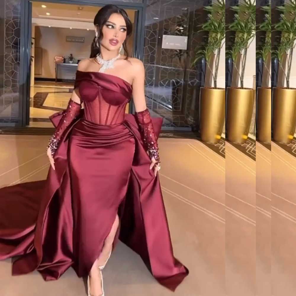Arrival Dubai Evening Dress 2022 With Bow Train Burgundy Side Split Reception Gown With Gloves Exposed Boning Celebrity Wears, Dark red
Arrival Dubai Evening Dress 2022 With Bow Train Burgundy Side Split Reception Gown With Gloves Exposed Boning Celebrity Wears, Dark red