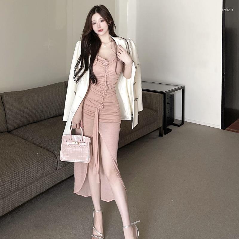 New Casual Dresses Summer Celebrity Sexy V-Neck Show Breast Pleated Flower Decorative Midlength Dress Split Wrap Hip Strap Women