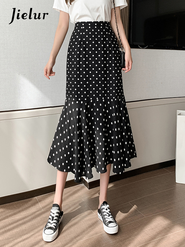 Skirts Jielur Summer Dot Trumpet Women's Elastic Waist Slim Chiffon Elegant Female Midi Skirt Slight Stretch Casual Streetwear 230420