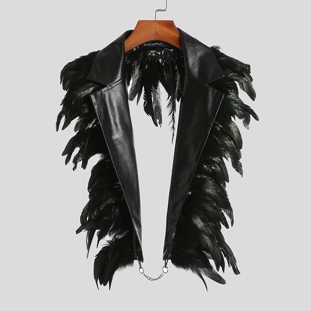 Men's Vests INCERUN Feather PU Leather Patchwork Fashion Backless Irregular Waistcoats Streetwear 2023 Lapel Sleeveless 230420