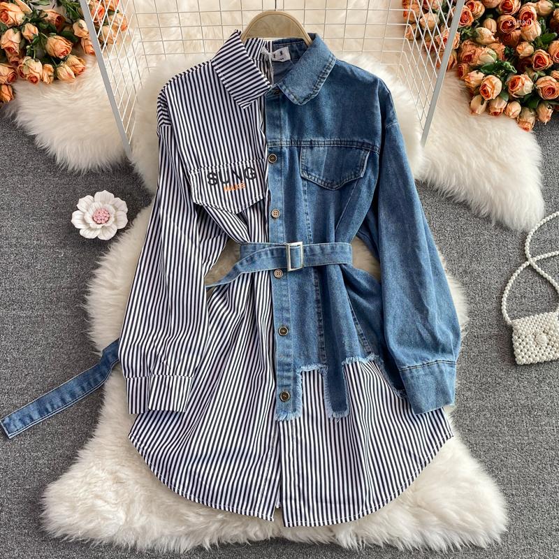 Women's Blouses Long Sleeved Striped Denim Stitching Blouse Female Autumn Korean Casual Thin Irregular Single-Breasted Shirt With Belt, Purple
Women's Blouses Long Sleeved Striped Denim Stitching Blouse Female Autumn Korean Casual Thin Irregular Single-Breasted Shirt With Belt, Purple
