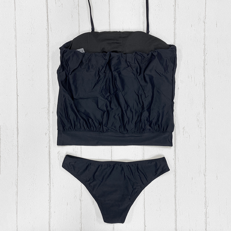 Women's Swimwear Women Black Tankini Swimsuits Two Piece Push Up Loose Fit Scoop Neck Bathing Suits Beachwear with Detachable Straps 230420