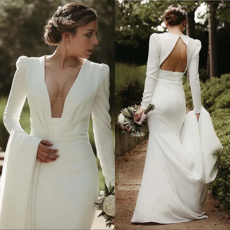 Simple Crepe Long Sleeve Mermaid Wedding Dresses 2023 Sexy Open Back V Neck modern Boho outdoor country Bridal Gowns