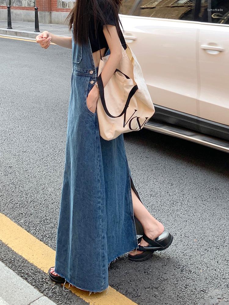 New Casual Dresses SML Women Loose Ladies Vintage Long Denim Dress Female Tassel Spaghetti Strap Jeans (78913