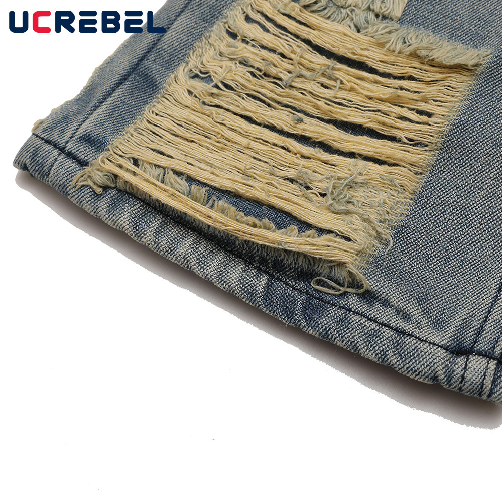 Mens Jeans Ripped Hole Denim Pants Streetwear Raw Edge Baggy High Street Casual Straightleg Men 230420
