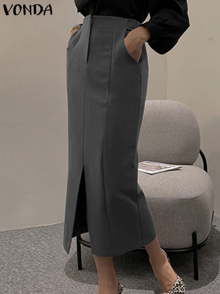 Skirts Summer Women Elegant Long 2023 VONDA Solid Color Midi Casual Loose Office Zipper Fashion Split Party Oversize 230420